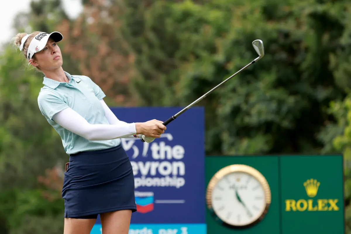 Nelly Korda of the United States plays her shot from the 12th tee during the second round of The Chevron Championship at The Club in The Woodlands, Texas, on April 19, 2024. (Gregory Shamus/Getty Images)