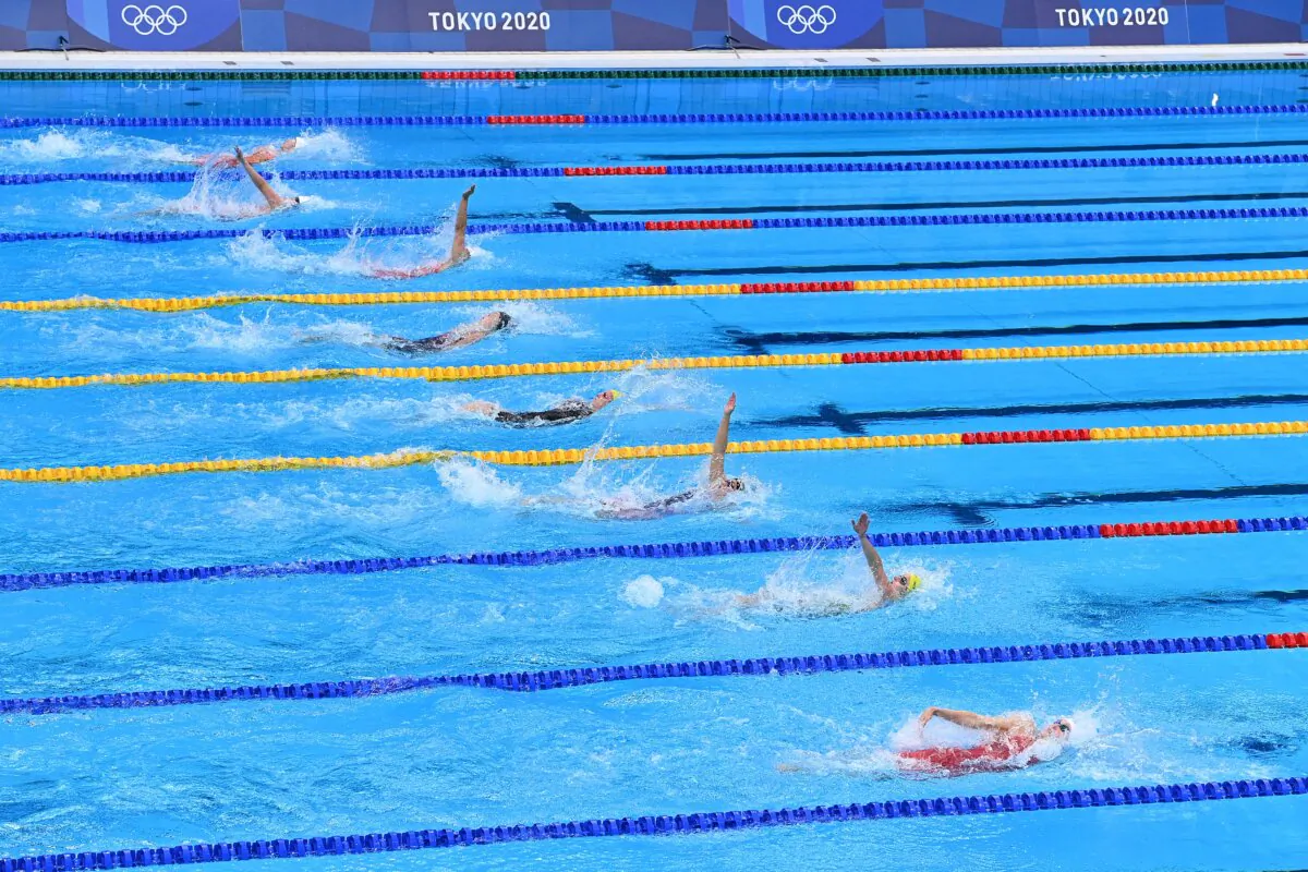 The final of the women's 200m backstroke swimming event during the Tokyo 2020 Olympic Games at the Tokyo Aquatics Centre in Tokyo, on July 31, 2021. (Attila Kisbenede/AFP via Getty Images)
