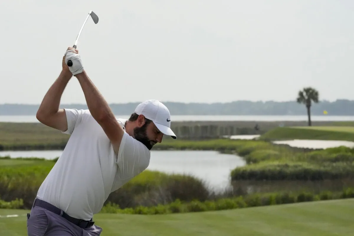 Scottie Scheffler hits his tee shot on the 17th hole during the third round of the RBC Heritage golf tournament in Hilton Head Island, S.C., on April 20, 2024. (Chris Carlson/AP Photo)