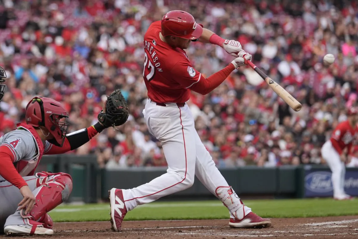 Cincinnati Reds' Tyler Stephenson hits a grand slam home run in the first inning of a baseball game against the Los Angeles Angels in Cincinnati on April 20, 2024. (Carolyn Kaster/AP Photo)