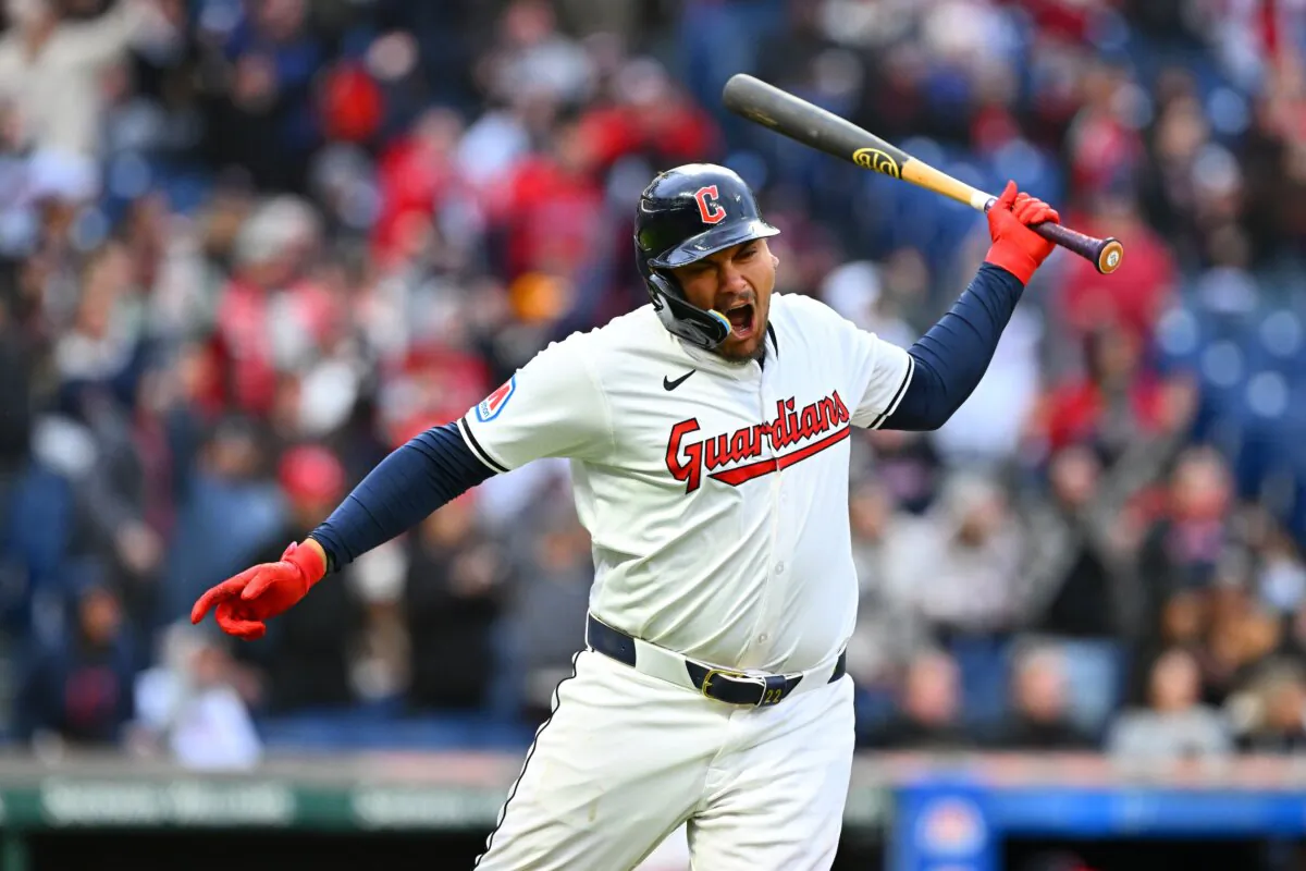 Josh Naylor (22) of the Cleveland Guardians celebrates as he rounds the bases after hitting a two run homer during the fifth inning against the Oakland Athletics in Cleveland on April 20, 2024. (Jason Miller/Getty Images)