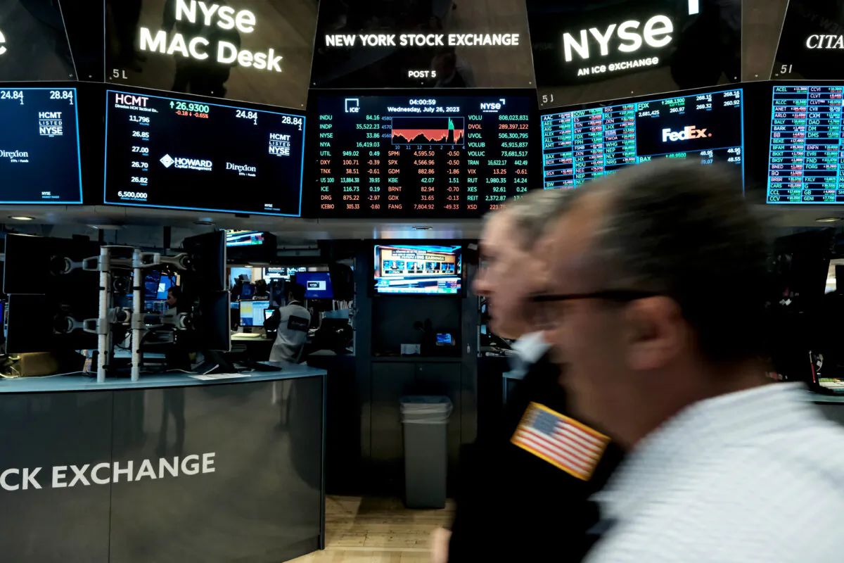 Traders work on the floor of the New York Stock Exchange (NYSE) in New York City on July 26, 2023. (Spencer Platt/Getty Images)