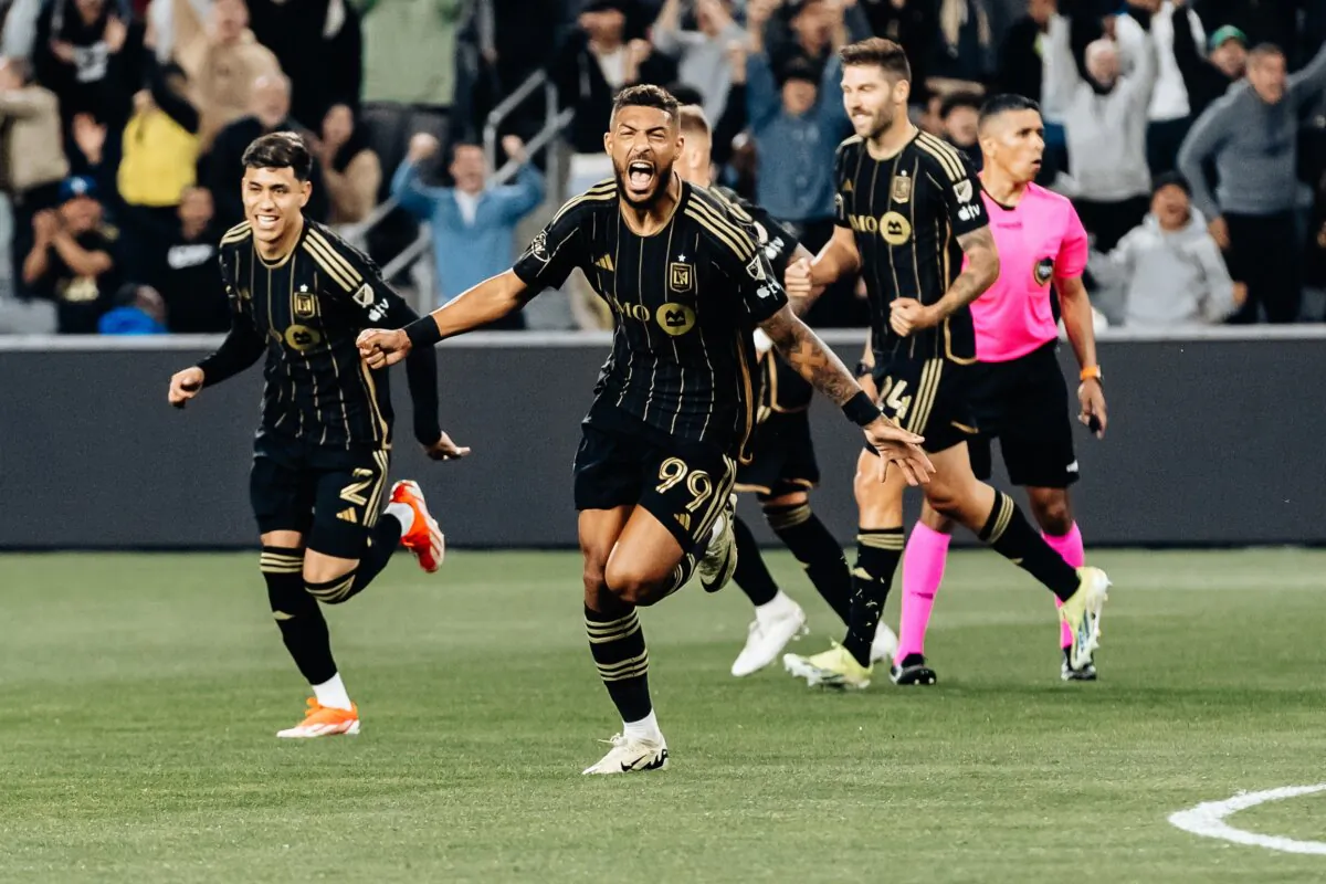 LAFC forward Denis Bouanga (99) celebrates his goal with teammates in a match against the New York Red Bulls in Los Angeles on Apr 20, 2024. (Courtesy of LAFC via The Epoch Times)