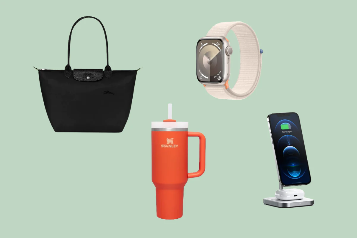 Longchamp Le Pliage Tote Bag, Apple Watch Series 9, Stanley Quencher Tumbler, Satechi Wireless Charging Stand (Illustration by The Epoch Times, Amazon)