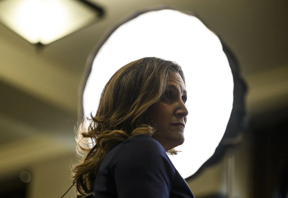 Deputy Prime Minister and Minister of Finance Chrystia Freeland participates in a TV interview after tabling the federal budget on Parliament Hill in Ottawa, on April 16, 2024. (The Canadian Press/Justin Tang)