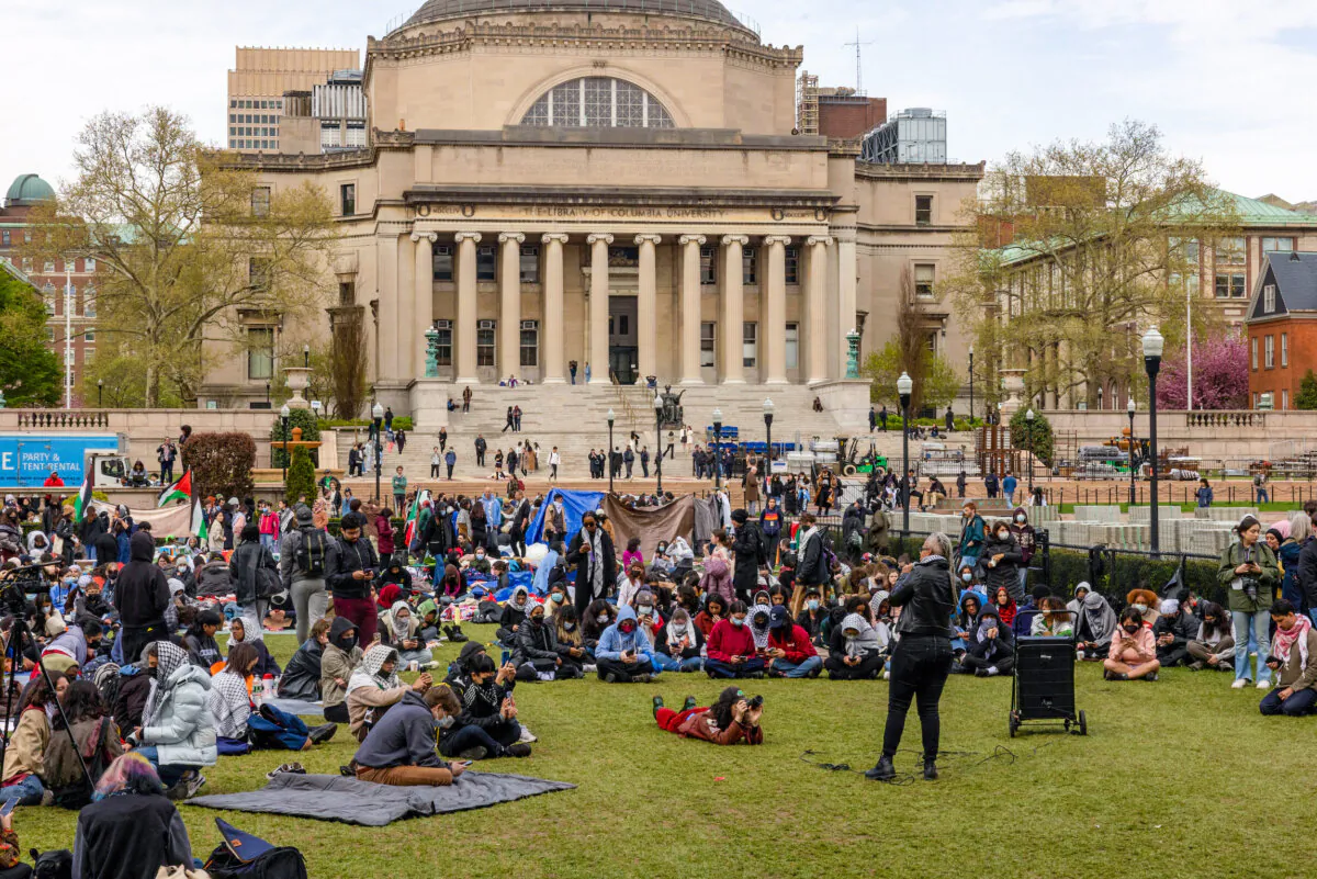 Pro-Palestinian students and activists camp out on the campus of Columbia University in New York City on April 19, 2024. (Alex Kent / AFP)