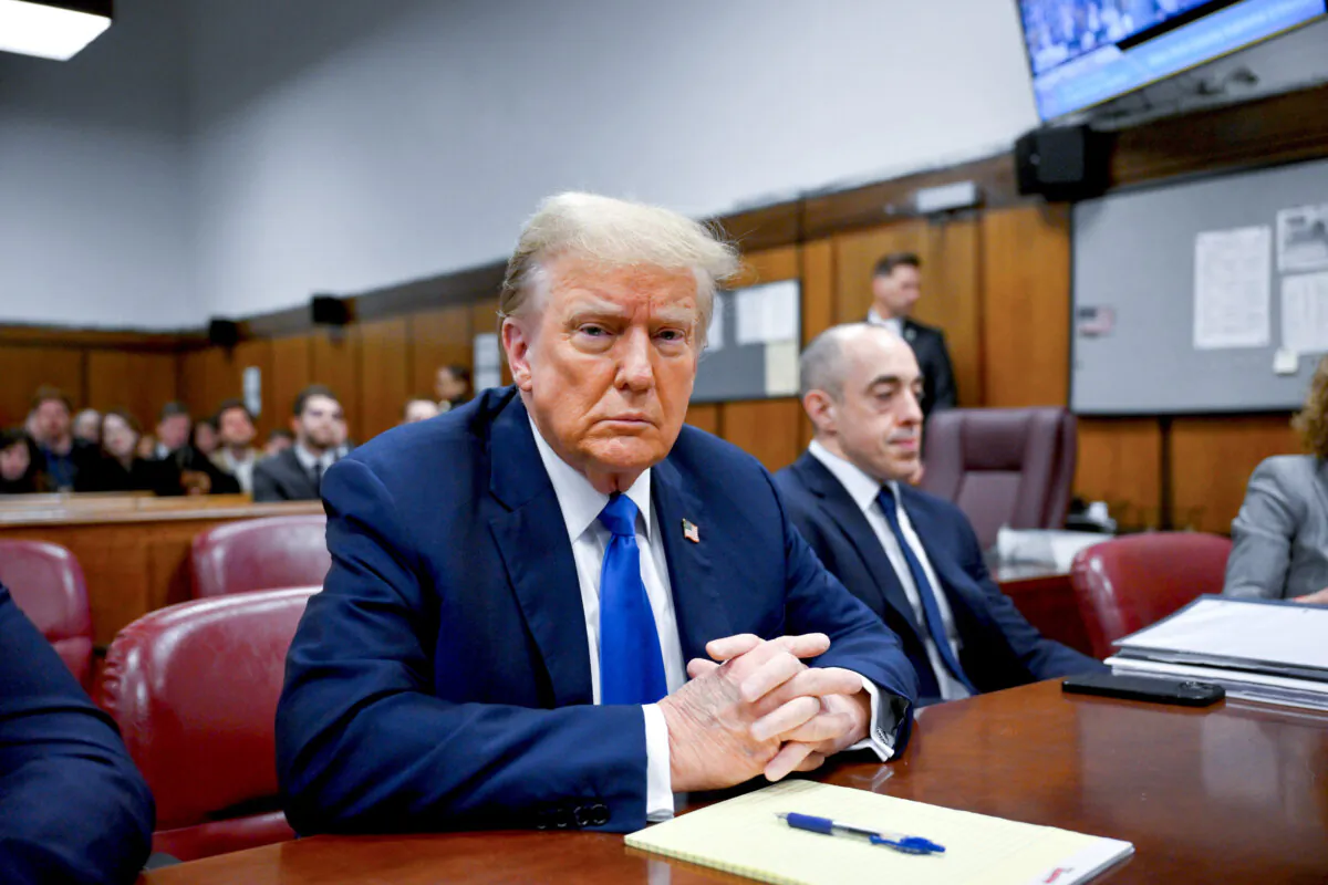 Former President and Republican presidential candidate Donald Trump looks on at Manhattan Criminal Court during his trial for allegedly covering up hush money payments linked to extramarital affairs, in New York on April 22, 2024. (Angela Weiss/Pool/AFP via Getty Images)