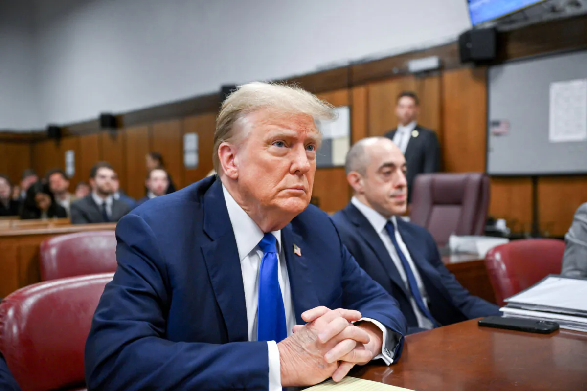 Former President and Republican presidential candidate Donald Trump looks on at Manhattan Criminal Court during his trial for allegedly covering up hush money payments linked to extramarital affairs, in New York on April 22, 2024. (Angela Weiss/Pool/AFP via Getty Images)