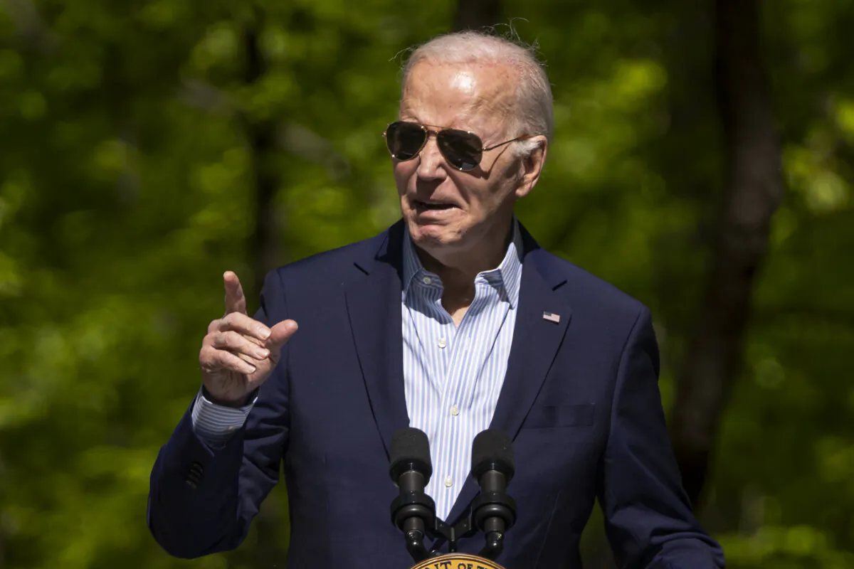 President Joe Biden speaks during the Earth Day commemoration at Prince William Forest Park in Triangle, Va., on April 22, 2024. (Madalina Vasiliu/The Epoch Times)