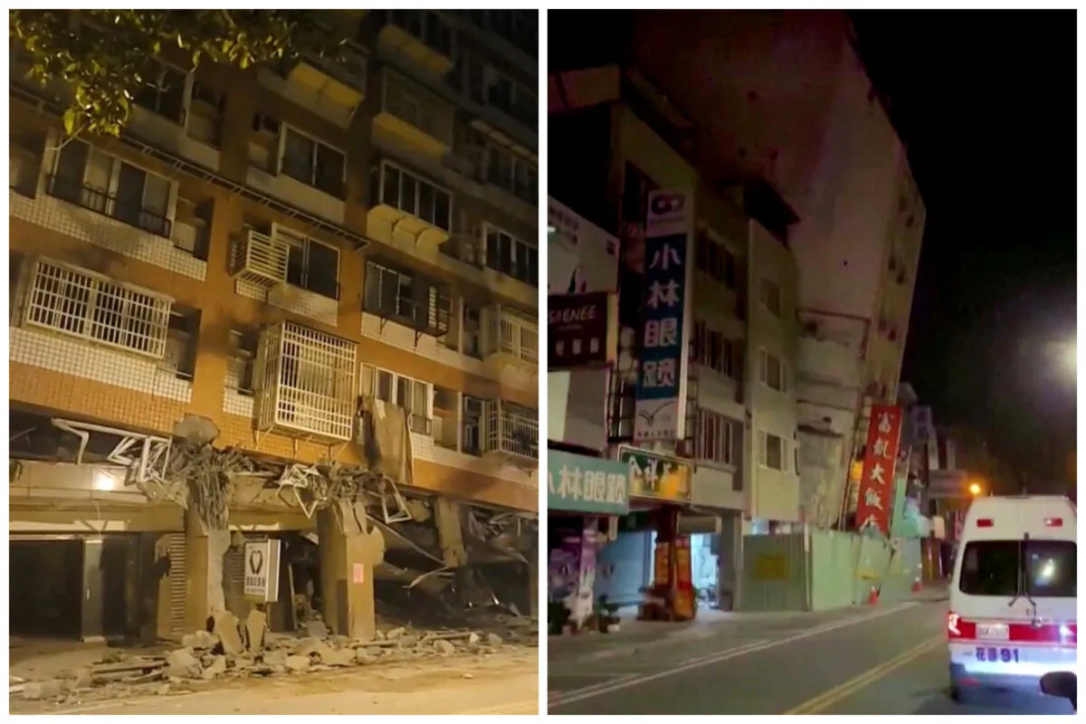 (Left) A hotel, which is not in operation after it was previously damaged in an earlier quake on April 3, tilts to one side following a series of earthquakes, in Hualien, Taiwan, on April 23, 2024. (Right) A building, which, according to the Hualien government, is unoccupied after it was previously damaged in an earlier quake on April 3, is seen following a series of earthquakes, in Hualien, Taiwan, on April 23, 2024. (Taiwan National Fire Department, Suhua Highway via Reuters)