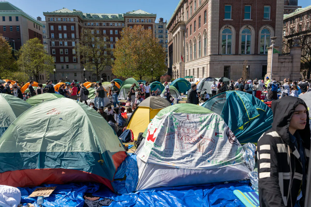 Pro-Palestinian supporters set up a protest encampment on the campus of Columbia University in New York City on April 22, 2024. All classes at Columbia University have been held virtually on April 22 after school President Minouche Shafik announced a shift to online learning in response to recent campus unrest. (Spencer Platt/Getty Images)