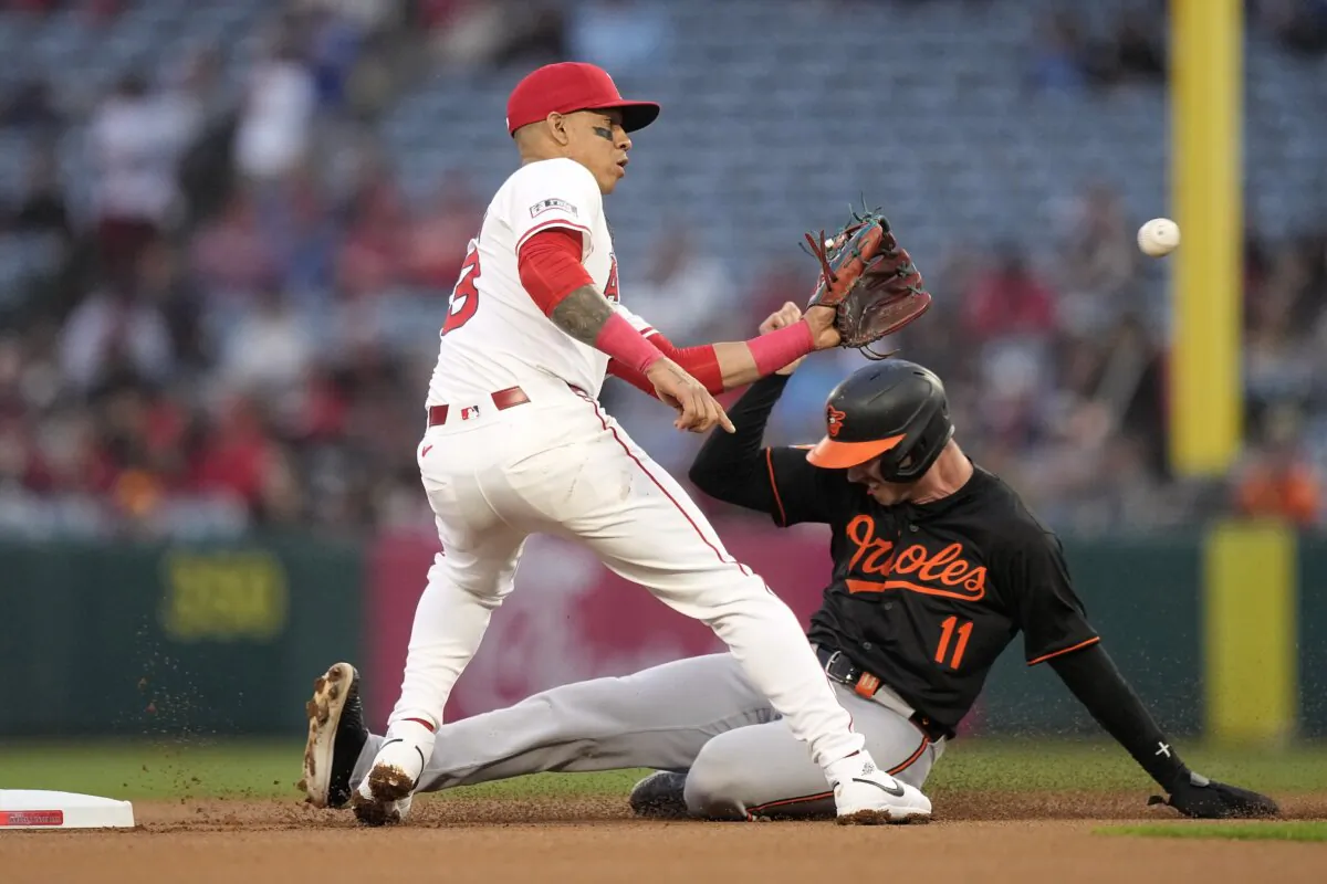 Baltimore Orioles' Jordan Westburg (R) steals second as Los Angeles Angels shortstop Ehire Adrianza takes a late throw during the first inning of a baseball game in Anaheim, Calif., on April 22, 2024. (Mark J. Terrill/AP Photo)