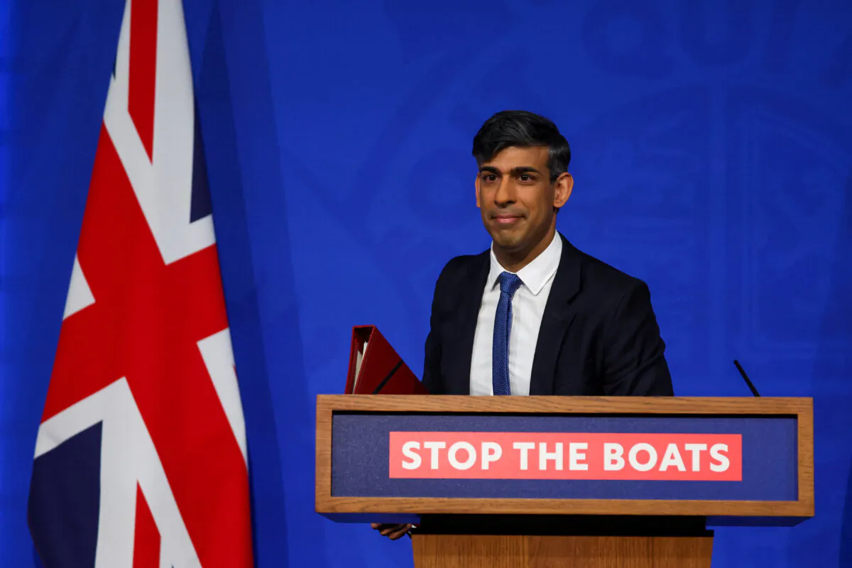 Prime Minister Rishi Sunak speaks during a press conference in Downing Street, London, on April 22, 2024. (Toby Melville/PA Wire)