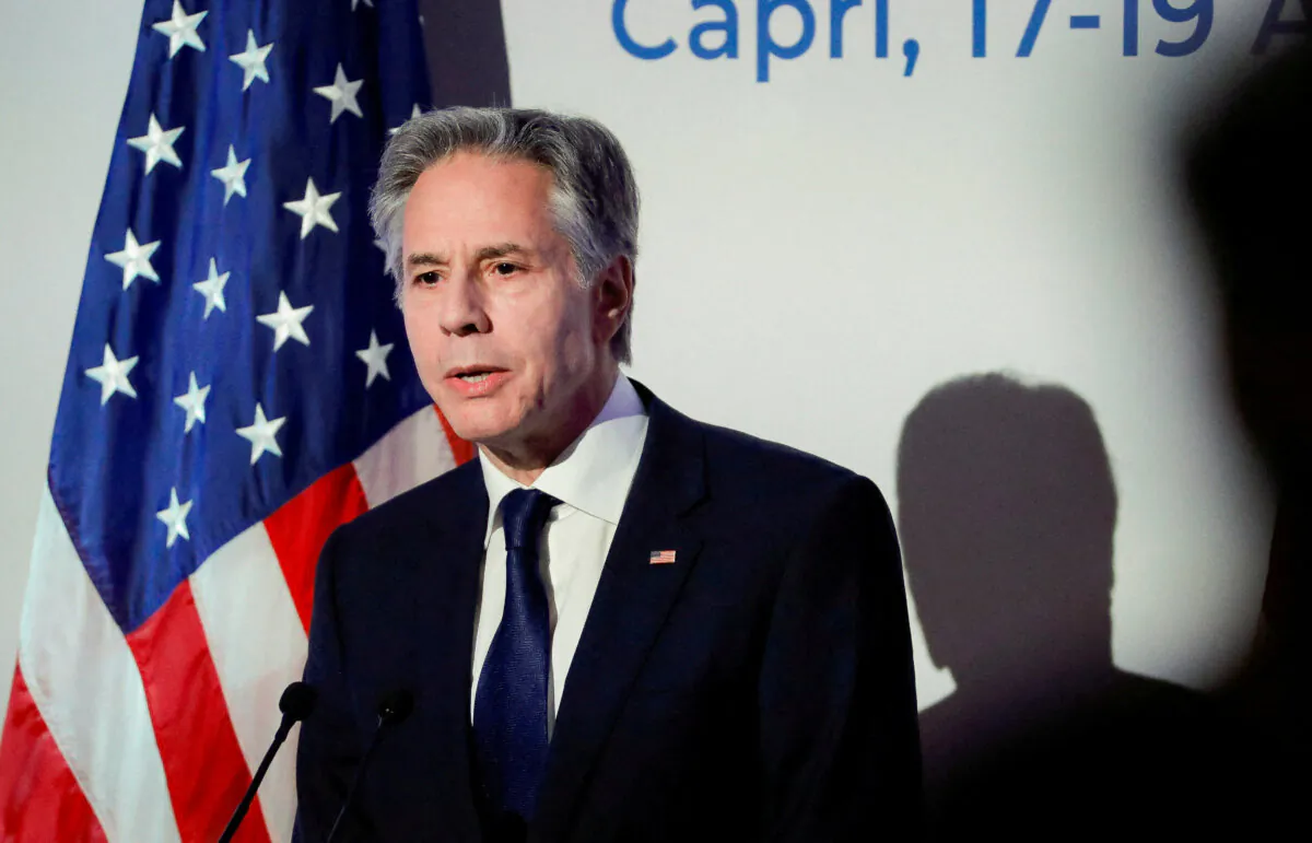 Secretary of State Antony Blinken holds a press conference at the end of the G7 foreign ministers meeting on Capri island, Italy, on April 19, 2024. (Ciro De Luca/Reuters)