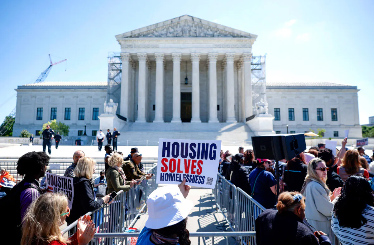 Homeless rights activists hold a rally outside of the U.S. Supreme Court in Washington on April 22, 2024. (Kevin Dietsch/Getty Images)