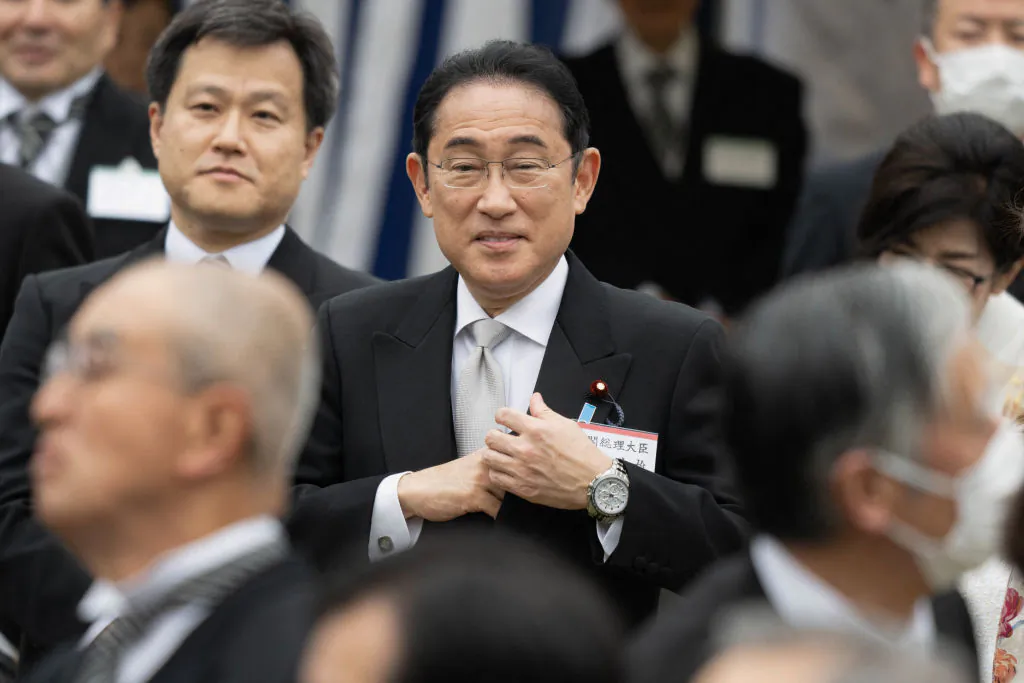 Japan's Prime Minister Fumio Kishida (C) attends the spring garden party at the Akasaka Palace imperial garden in Tokyo, on April 23, 2024. (Yuichi Yamazaki / AFP via Getty Images)