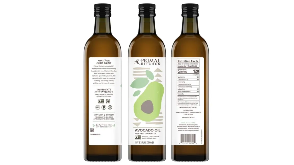 Primal Kitchen is recalling avocado cooking oil products packaged in 9.3-fluid-ounce glass bottles over safety concerns. (Courtesy of U.S. Food and Drug Administration)