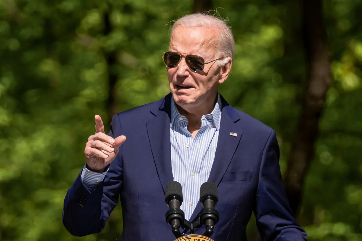 President Joe Biden speaks during the Earth Day commemoration at Prince William Forest Park in Triangle, Va., on April 22, 2024. (Madalina Vasiliu/The Epoch Times)