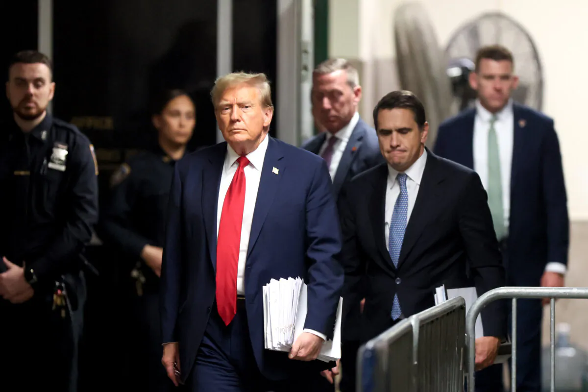 Former President Donald Trump leaves the courtroom during his trial for allegedly covering up hush money payments at Manhattan Criminal Court in New York City on April 23, 2024. (Brendan McDermid/Pool via Getty Images)