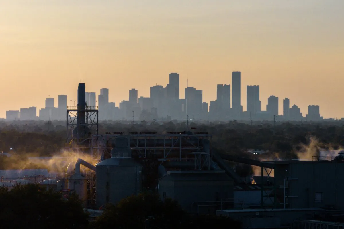 The Houston skyline is seen behind refineries in Houston on Aug. 28, 2023. (Brandon Bell/Getty Images)