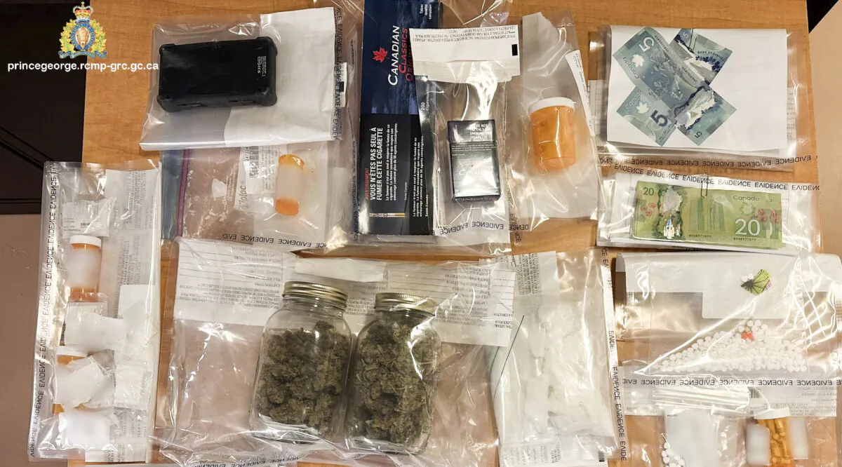 Drugs, including safer supply prescription drugs, seized by police in Prince George, B.C., as the RCMP reported on April 8, 2024. (Prince George RCMP Handout)