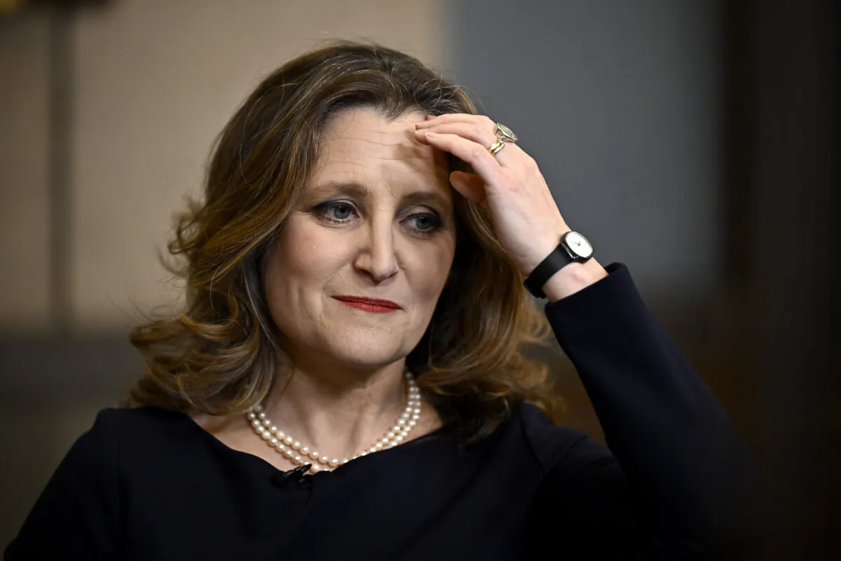 Deputy Prime Minister and Minister of Finance Chrystia Freeland waits to be interviewed after tabling the federal budget on Parliament Hill in Ottawa, on April 16, 2024. (The Canadian Press/Justin Tang)