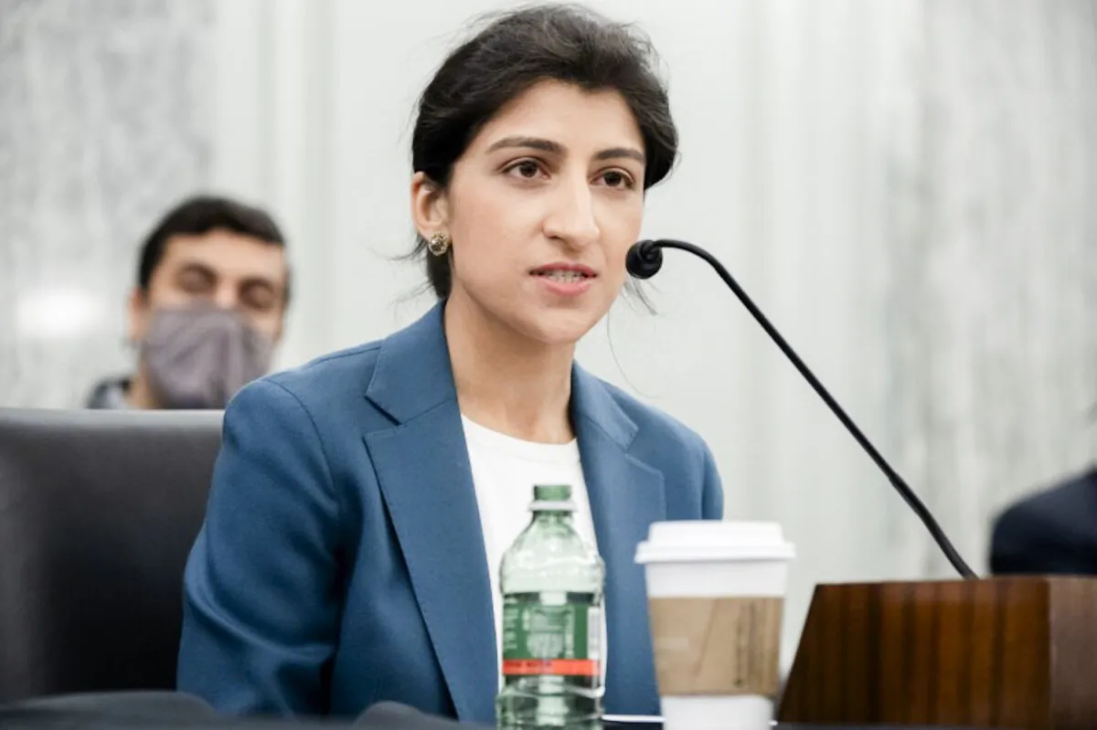 Lina Khan, then nominee for Commissioner of the Federal Trade Commission (FTC), speaks her confirmation hearing on Capitol Hill in Washington, on April 21, 2021. (Saul Loeb/Pool via REUTERS)
