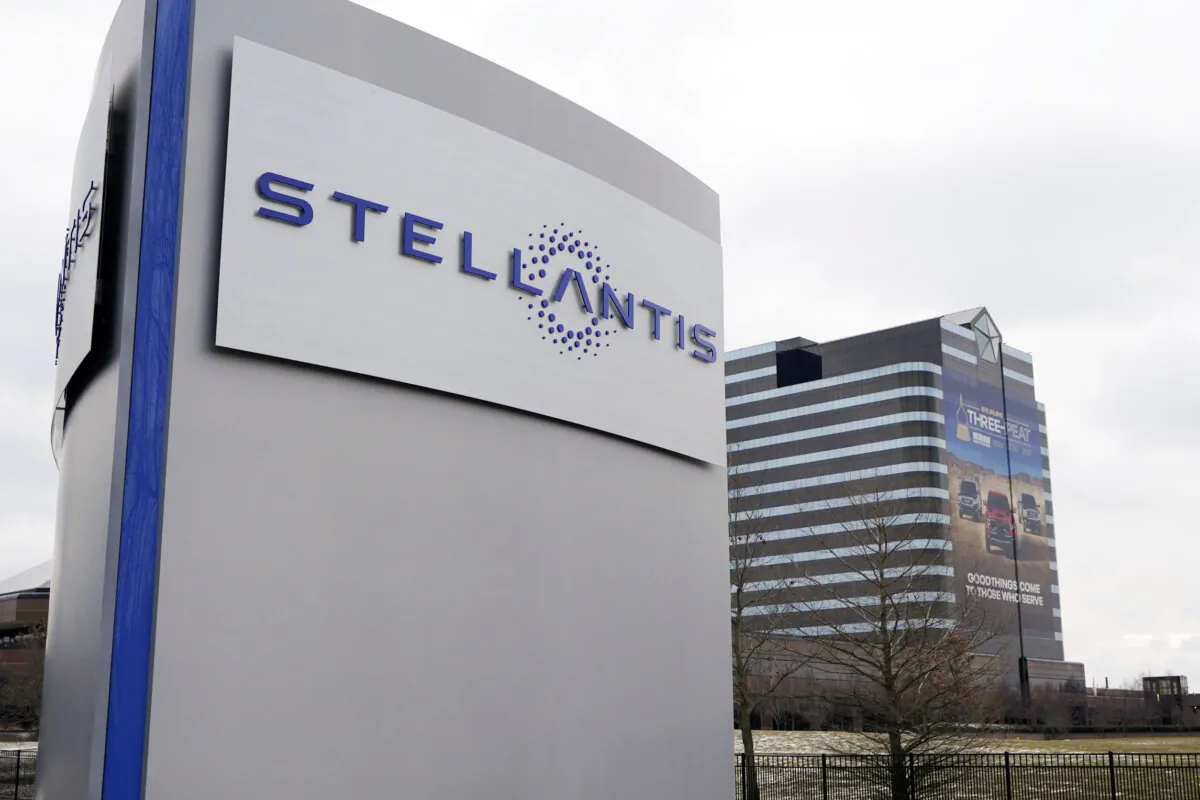 The Stellantis sign outside the Chrysler Technology Center, in Auburn Hills, Mich., on Jan. 19, 2021. (Carlos Osorio/AP Photo)