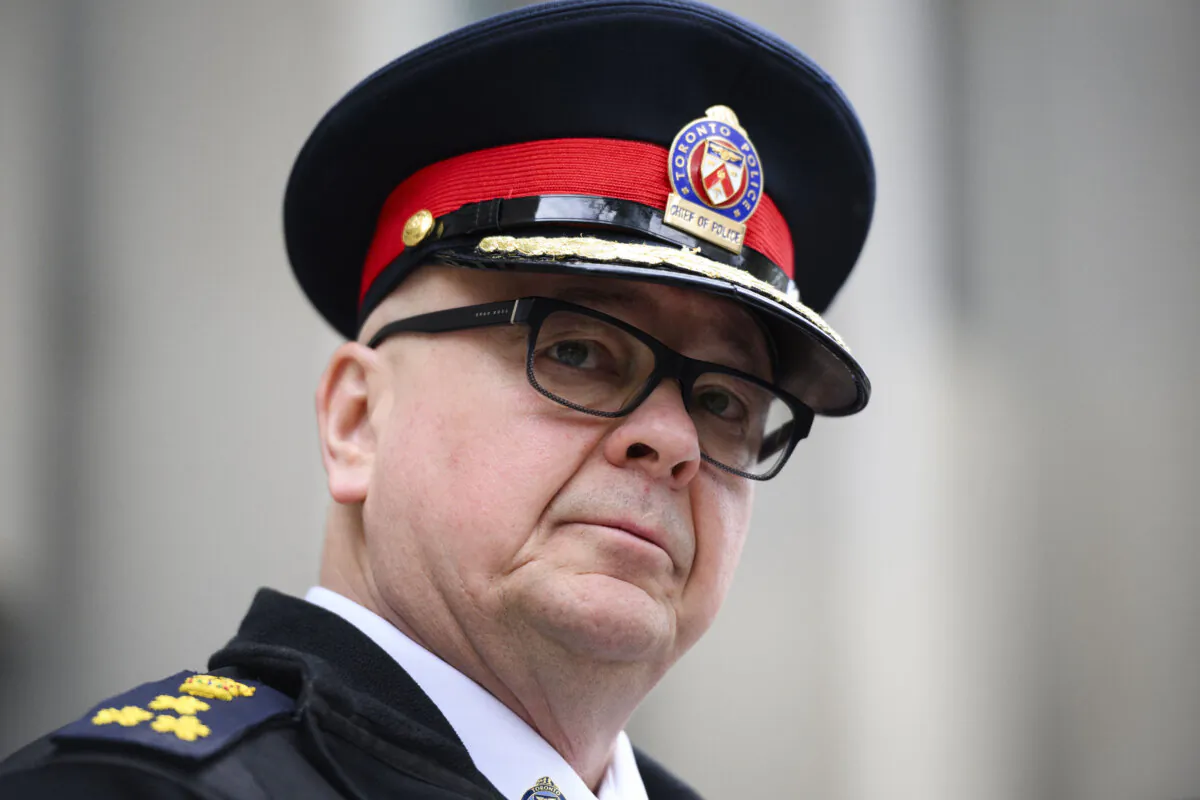 Toronto Police Chief Myron Demkiw speaks to media in Toronto on Sunday, April 21, 2024. Demkiw says he accepts and supports the verdict of the jury that found a man accused of fatally running over a city police officer not guilty in his death. (The Canadian Press/Christopher Katsarov)
