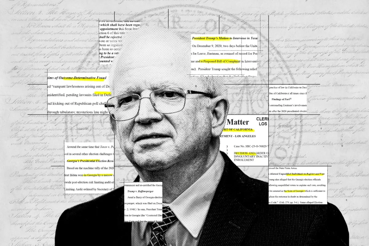 Constitutional scholar John Eastman in Los Angeles on April 5, 2024. (Illustration by The Epoch Times, John Fredricks/The Epoch Times)