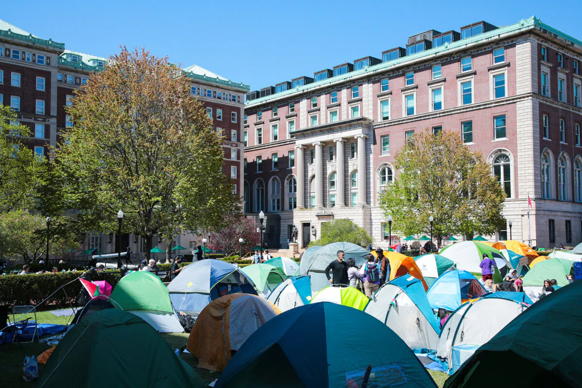 The protest encampment on the Columbia University campus in New York in April 2024. (Richard Moore/The Epoch Times)