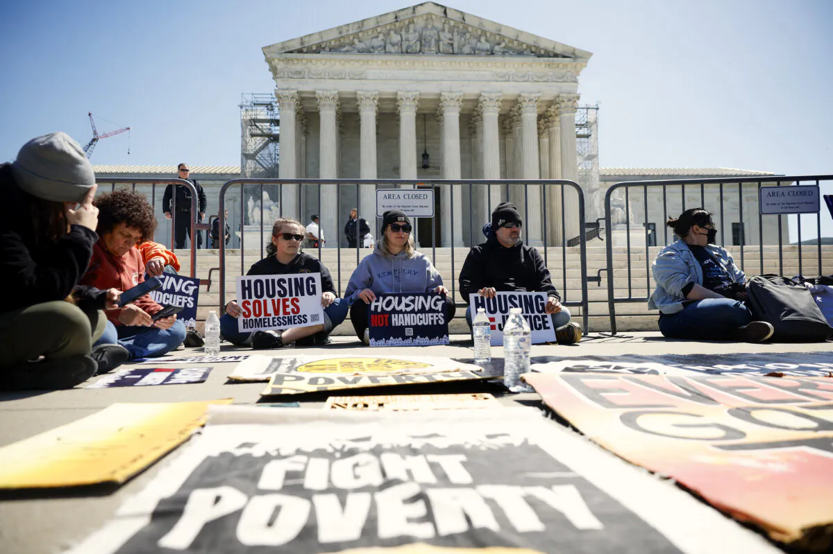 Advocates for the homeless demonstrate Monday outside the Supreme Court Building in Washington, D.C., on April 22, 2024. (Kevin Dietsch/Getty Images)