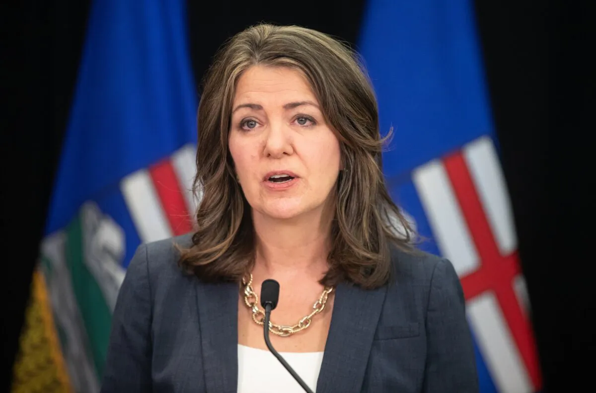 Alberta Premier Danielle Smith speaks in Edmonton on April 10, 2024. (The Canadian Press/Jason Franson)