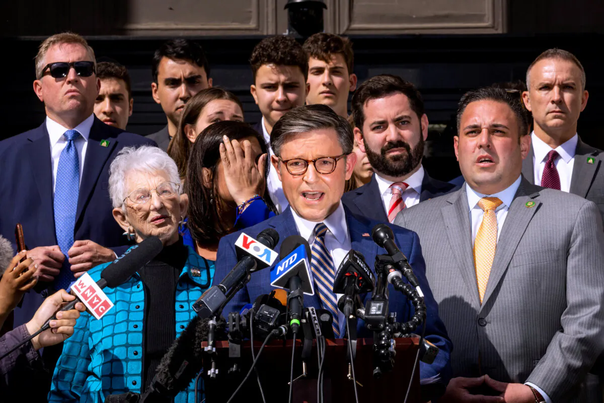 House Speaker Mike Johnson (R-La.) holds a news conference at the Columbia University campus to call for the resignation of the university's president, Minouche Shafik, in New York City on April 24, 2024. (Alex Kent/Getty Images)
