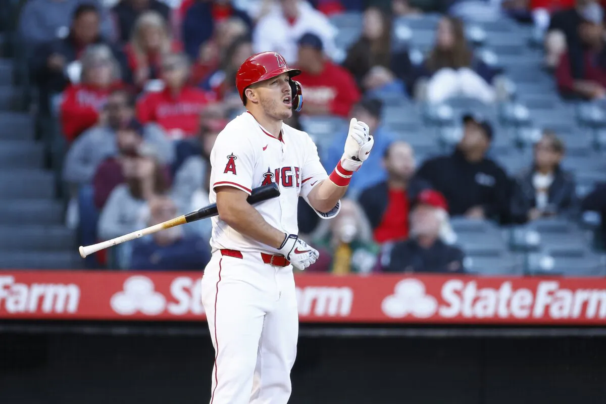 Mike Trout (27) of the Los Angeles Angels in Anaheim, Calif., on April 23, 2024. (Ronald Martinez/Getty Images)