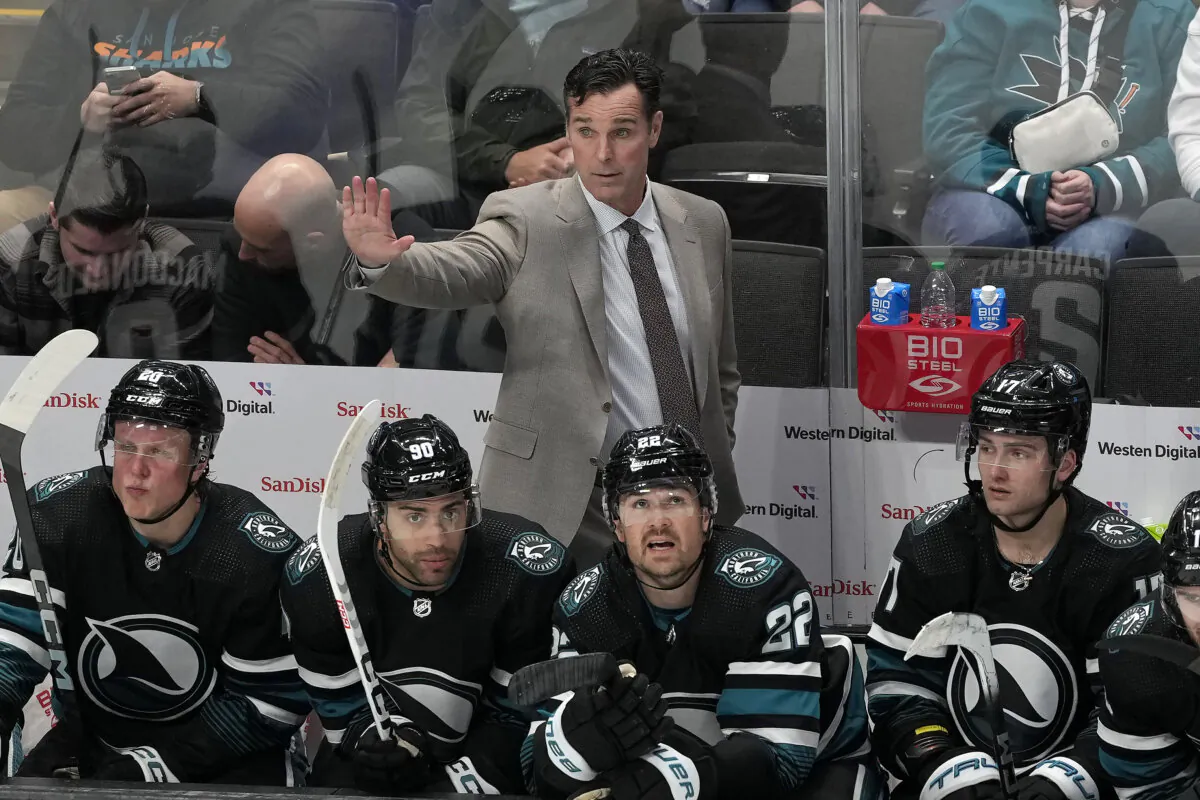 Then-San Jose Sharks Coach David Quinn gestures to players during a game against the Dallas Stars in San Jose, Calif., on March 26, 2024. (Jeff Chiu/AP Photo)