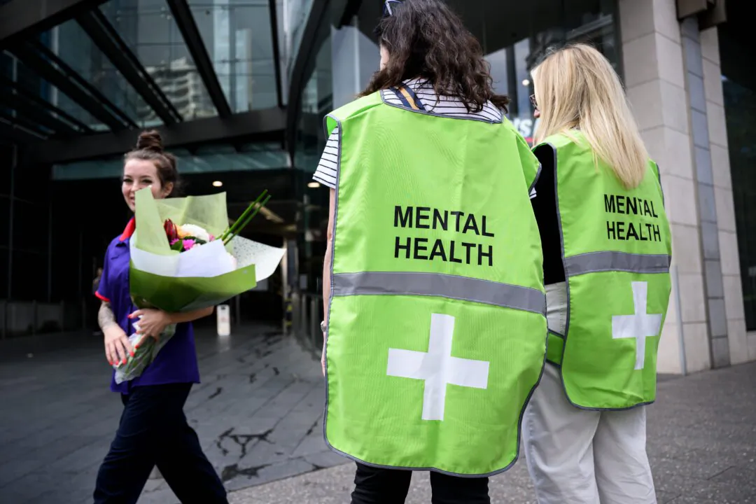 Mental health support workers at Westfield Bondi Junction in Sydney, Australia on April 18, 2024. (AAP Image/Bianca De Marchi)