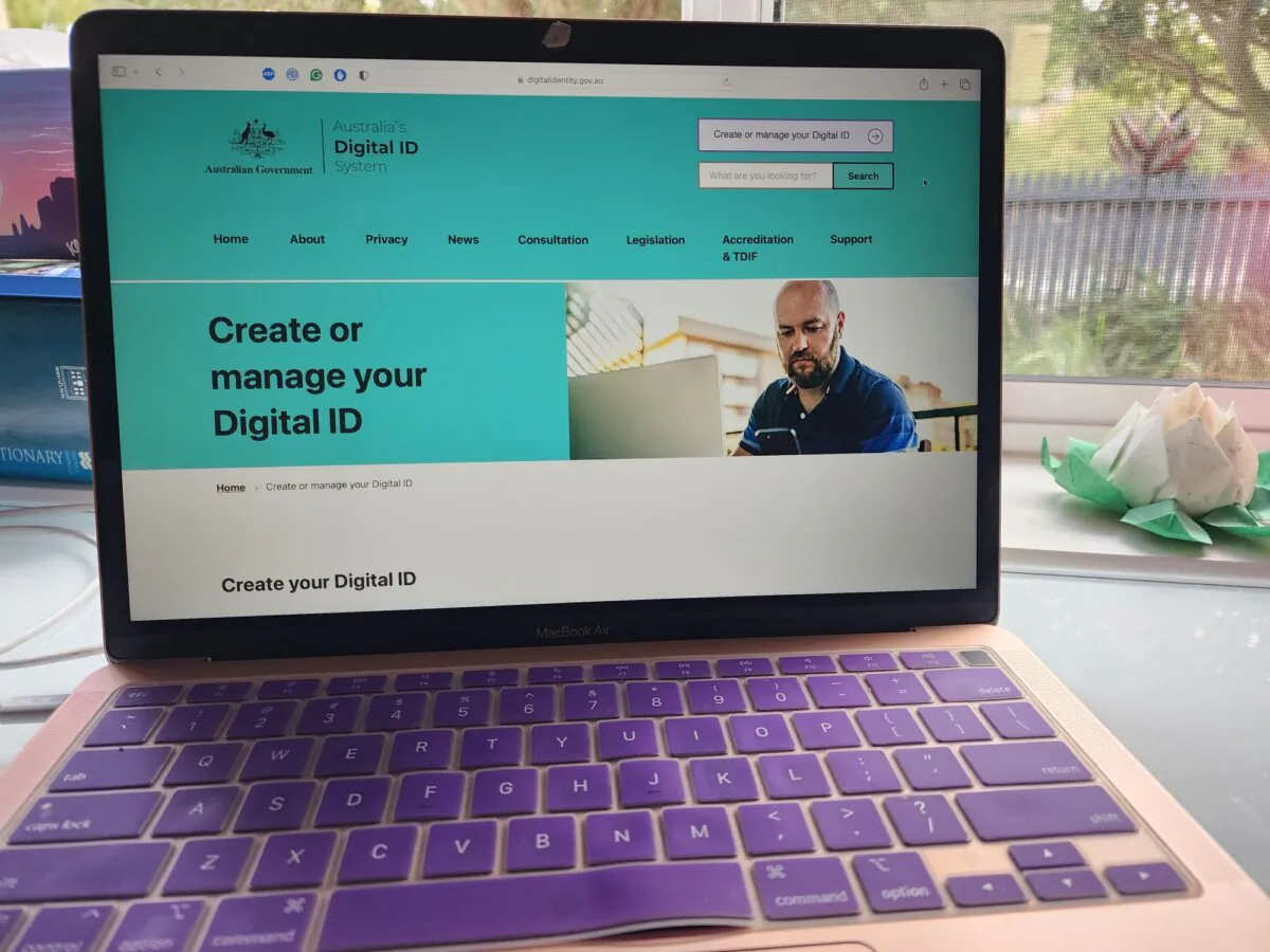 An Australian government digital ID sign up site is seen on a laptop on April 25, 2024. (Susan Mortimer/The Epoch Times)