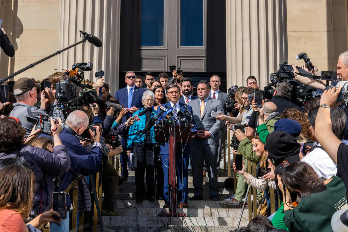 Speaker of the House Mike Johnson (R-La.) speaks during a press conference at Columbia University in New York City on April 24, 2024. (Alex Kent/Getty Images)