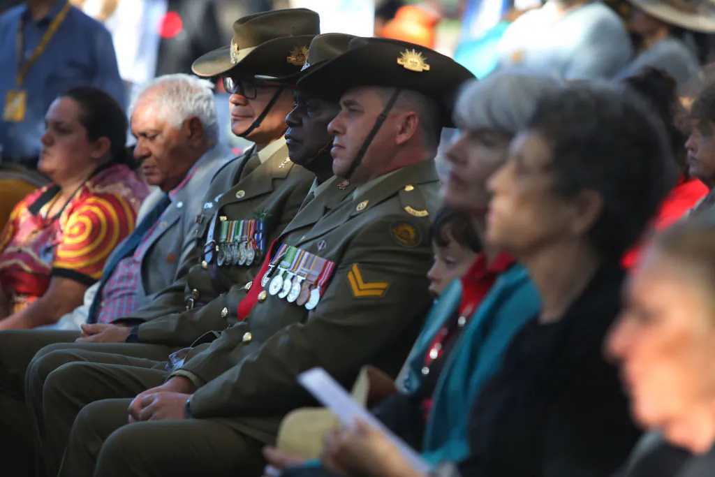 Service people and community members attend the Coloured Digger Anzac Day service and march at Redfern in Sydney, Australia, on April 25, 2024. (Photo by Lisa Maree Williams/Getty Images)