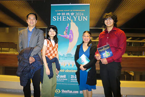 The Ocbena family, Ramir Ocbena (1st L), Jo Ocbena (2nd R), and their children enjoyed Shen Yun's evening performance at the Quebec Grand Theatre in Quebec City, Canada, on April 24, 2024. (Wei Ya/The Epoch Times)