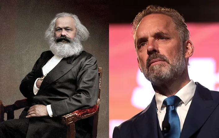Karl Marx (L) and Jordan Peterson. (Composite image by FEE; John Jabez Edwin Mayall/Wikimedia Commons; Gage Skidmore/Wikimedia Commons, CC BY-SA 2.0)