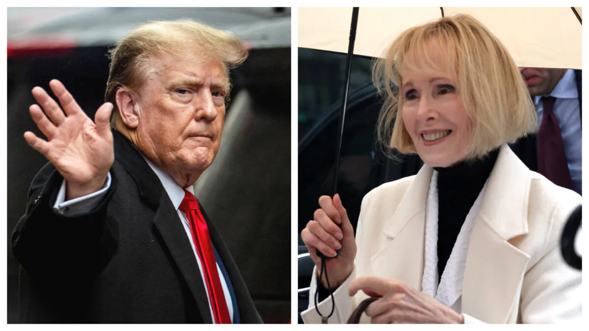 (Left) Former President Donald Trump in New York on Jan. 26, 2024. (Right) E. Jean Carroll arrives at Manhattan federal court in New York on Jan. 26, 2024. (Eduardo Munoz/Reuters; Spencer Platt/Getty Images)