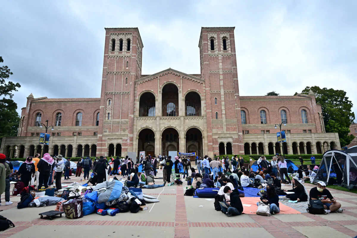 Pro-Palestinian students and activsts gather on the plaza in front of Royce Hall at the University of California Los Angeles on April 25, 2024. (Frederic J. Brown/AFP via Getty Images)