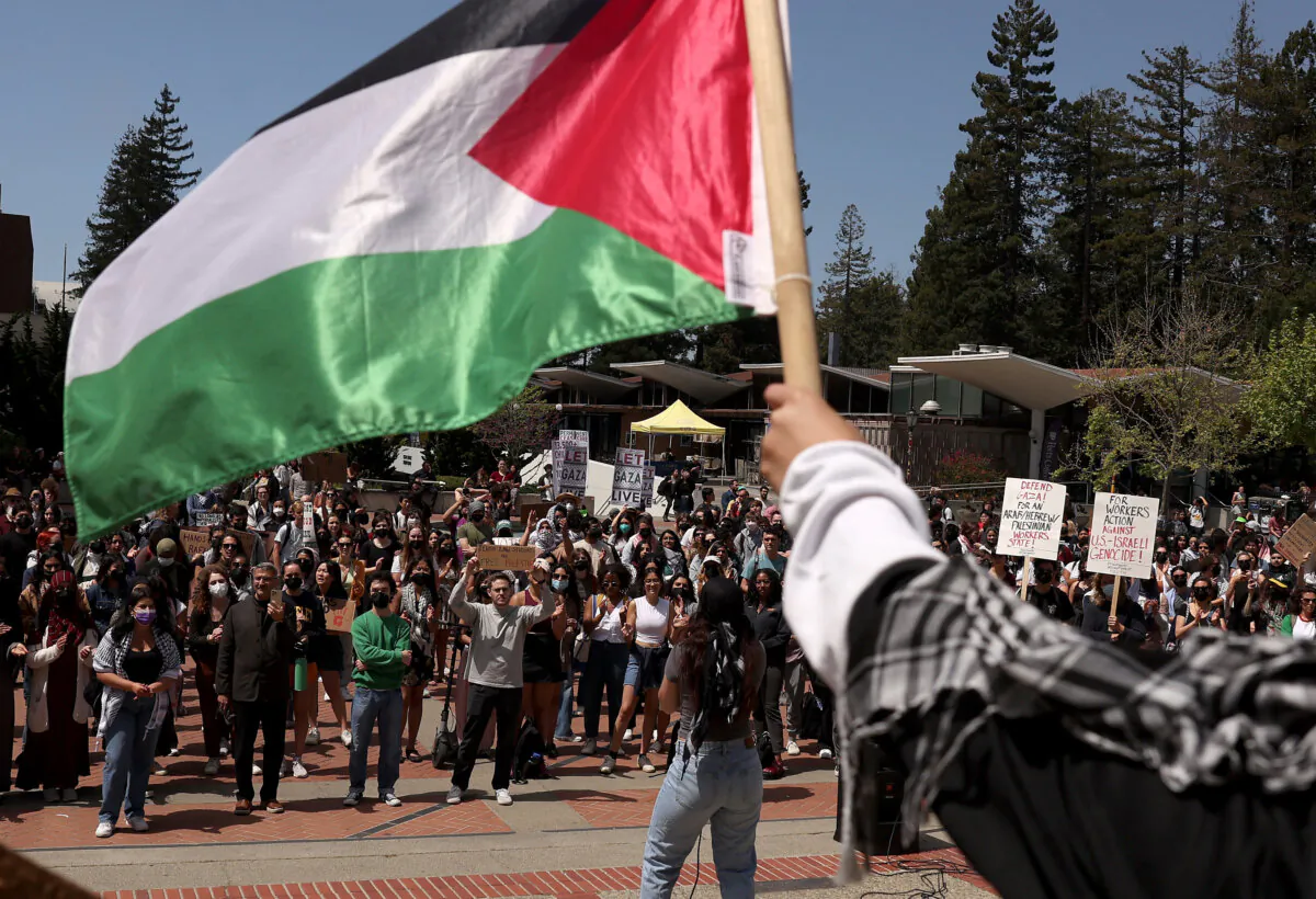 Pro-Palestinian protesters gather in front of Sproul Hall on the UC Berkeley campus in Berkeley, Calif., on April 22, 2024. (Justin Sullivan/Getty Images)