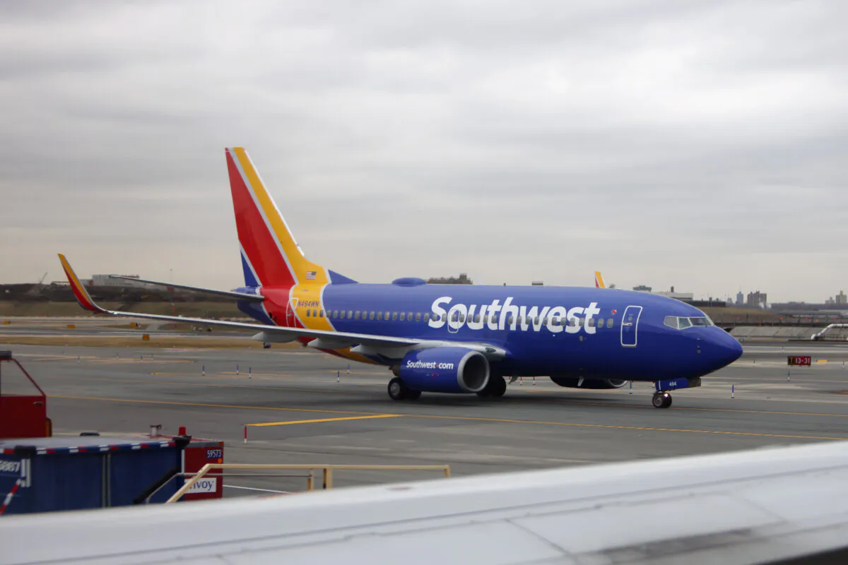 A general view of a Southwest Airlines jet photographed at LaGuardia Airport in the Queens borough of New York City on Feb. 4, 2024. (Bruce Bennett/Getty Images)
