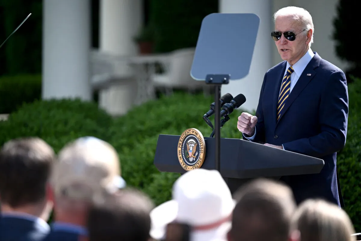 President Joe Biden announces plans to curb planet-warming emissions from the nation's power stations, as part of the efforts to combat climate change, in the Rose Garden of the White House in Washington on May 11, 2023. (Brendan Smialowski/AFP via Getty Images)