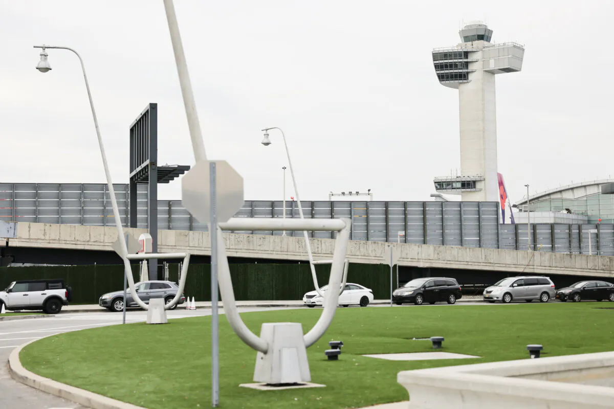 An air traffic control tower at JFK airport in New York City, on Jan. 11, 2023. (Michael M. Santiago/Getty Images)