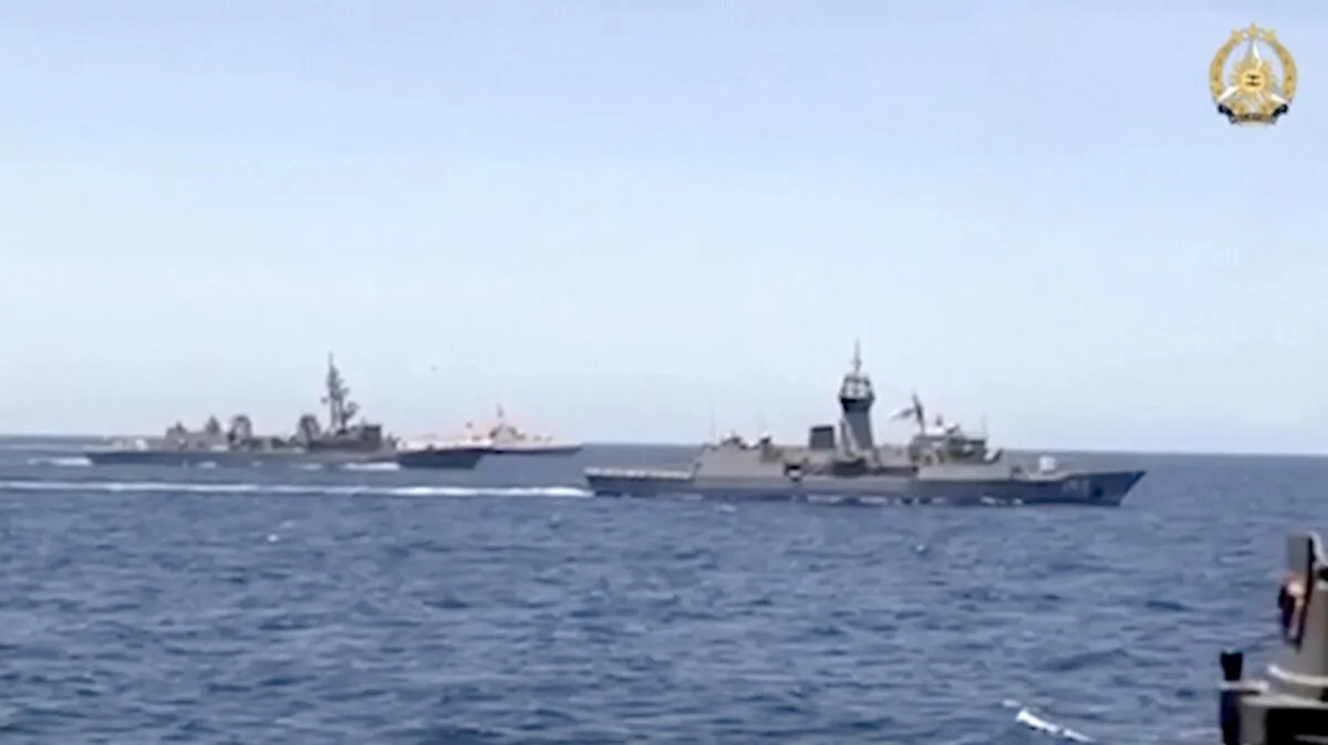 Navy ships from the United States, Japan, Australia, and the Philippines participate in join exercises in the South China Sea on April 7, 2024, in a still from a video. (Armed Forces of the Philippines via Reuters/Screenshot via NTD)