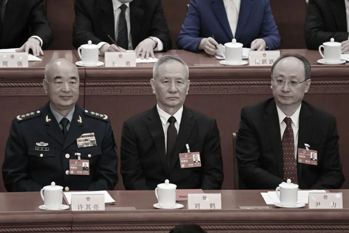 (L-R) Former Vice Chairman of China's Central Military Commission Xu Qiliang, former Vice Premier Liu He and Beijing Communist Party Secretary Yin Li attend the closing session of the National People's Congress (NPC) at the Great Hall of the People in Beijing, on March 13, 2023. (Noel Celis/Pool/AFP via Getty Images)